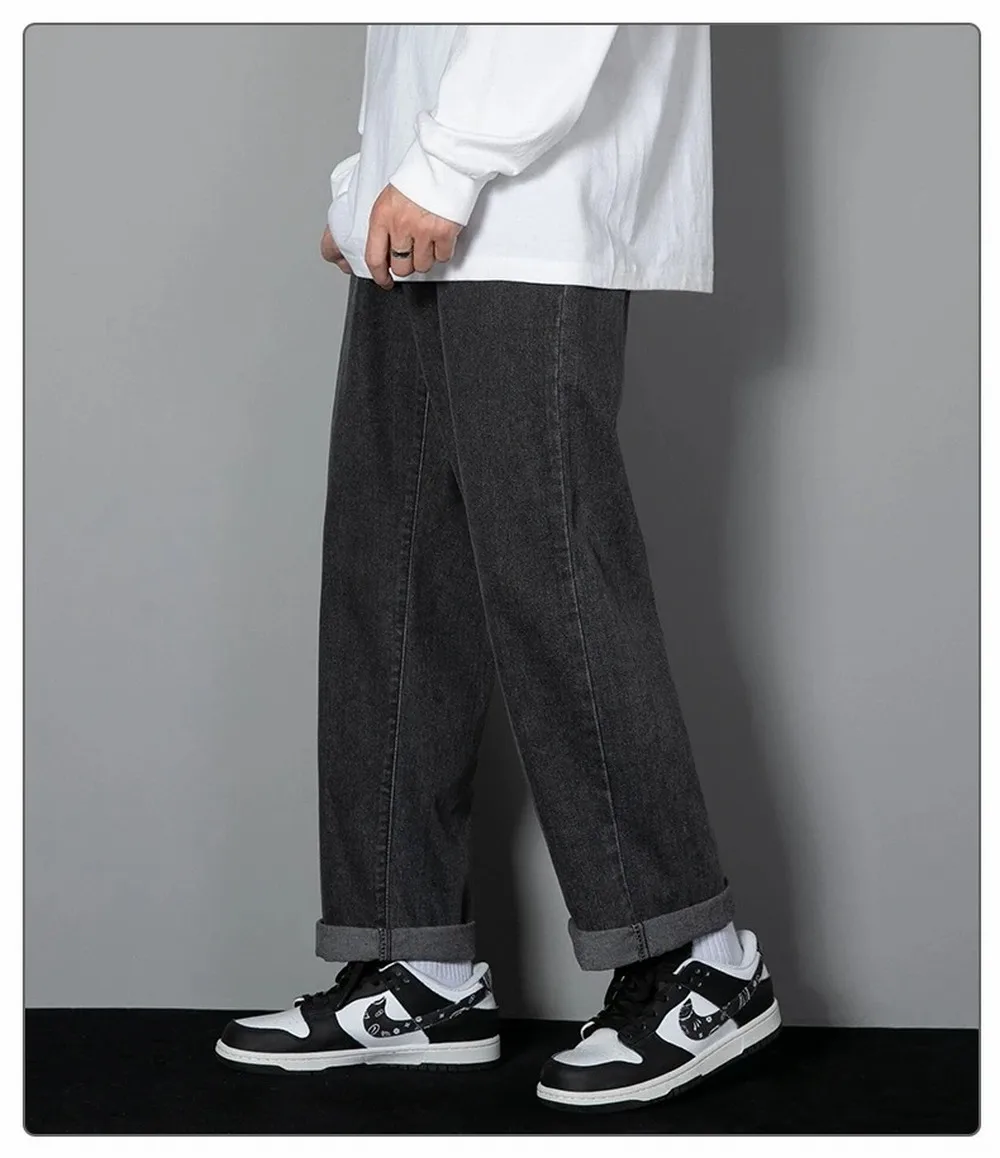 Korean Solid Colors Men's Casual Long Jeans Classic Man Four Seasons Straight Denim Wide-leg Pants Light Blue Grey Black 3XL