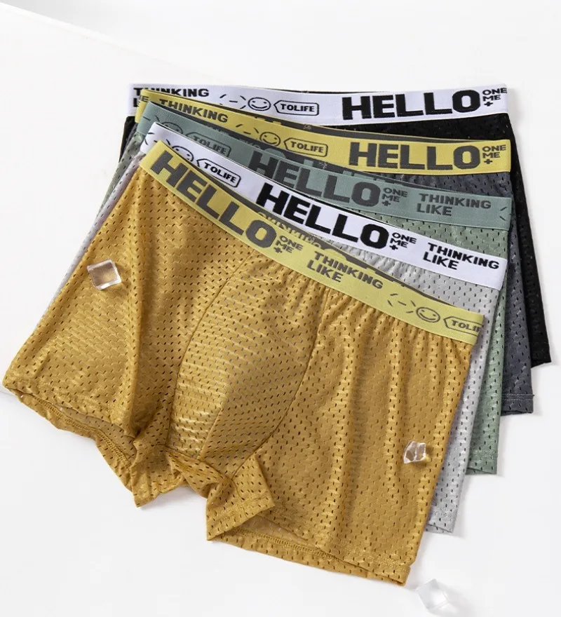 6 Pieces of Mesh Ice Silk Boxing Shorts for Men's Underwear Breathable Sexy Slim Fit and Seamless Flat Corner Pants Plus Size 4X