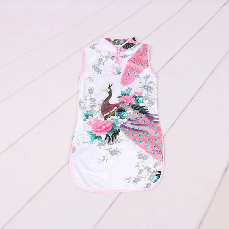 Cheongsam Dress Baby Girl Qipao Summer Clothes Peacock Sleeveless Slim Traditional Dress Child Girls Clothes Chinese Style