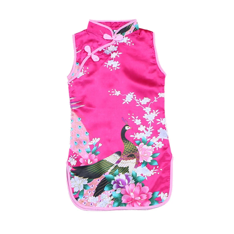 Cheongsam Dress Baby Girl Qipao Summer Clothes Peacock Sleeveless Slim Traditional Dress Child Girls Clothes Chinese Style