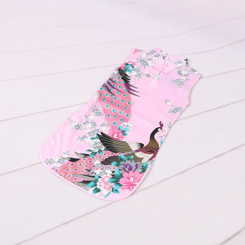 Cheongsam Dress Baby Girl Qipao Summer Clothes Peacock Sleeveless Slim Traditional Dress Child Girls Clothes Chinese Style