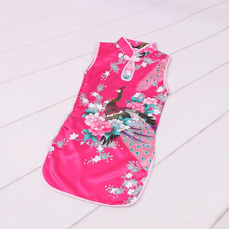Cheongsam Dress Baby Girl Qipao Summer Clothes Peacock Sleeveless Slim Traditional Dress Child Girls Clothes Chinese Style