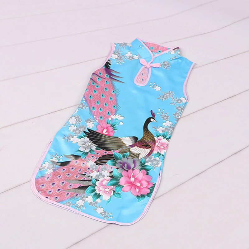 Cheongsam Dress Baby Girl Qipao Summer Clothes Peacock Sleeveless Slim Traditional Dress Child Girls Clothes Chinese Style