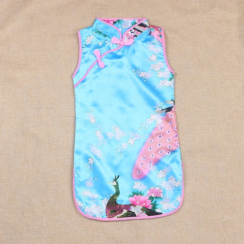 Cheongsam Dress Baby Girl Qipao Summer Clothes Peacock Sleeveless Slim Traditional Dress Child Girls Clothes Chinese Style