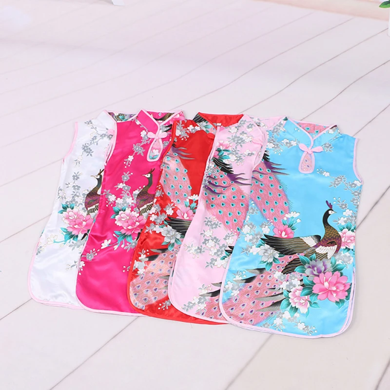 Cheongsam Dress Baby Girl Qipao Summer Clothes Peacock Sleeveless Slim Traditional Dress Child Girls Clothes Chinese Style
