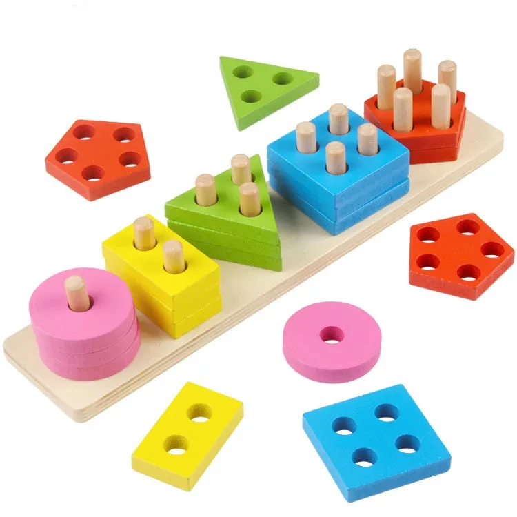 Montessori Toys Wooden Block Puzzle Children Toys Geometric Shape Color Sorter Block Toddler Sorting Math Bricks Stacking Toys
