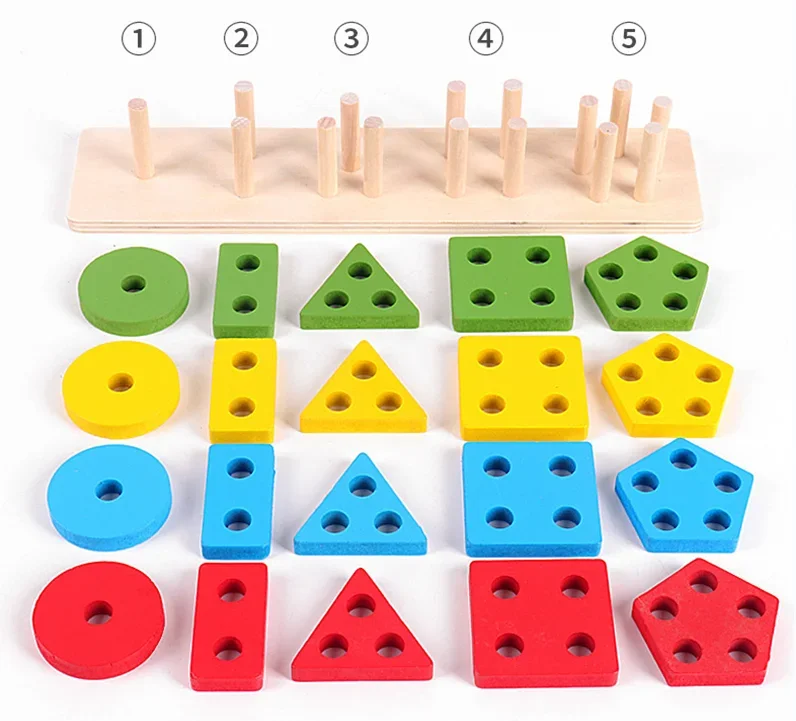 Montessori Toys Wooden Block Puzzle Children Toys Geometric Shape Color Sorter Block Toddler Sorting Math Bricks Stacking Toys