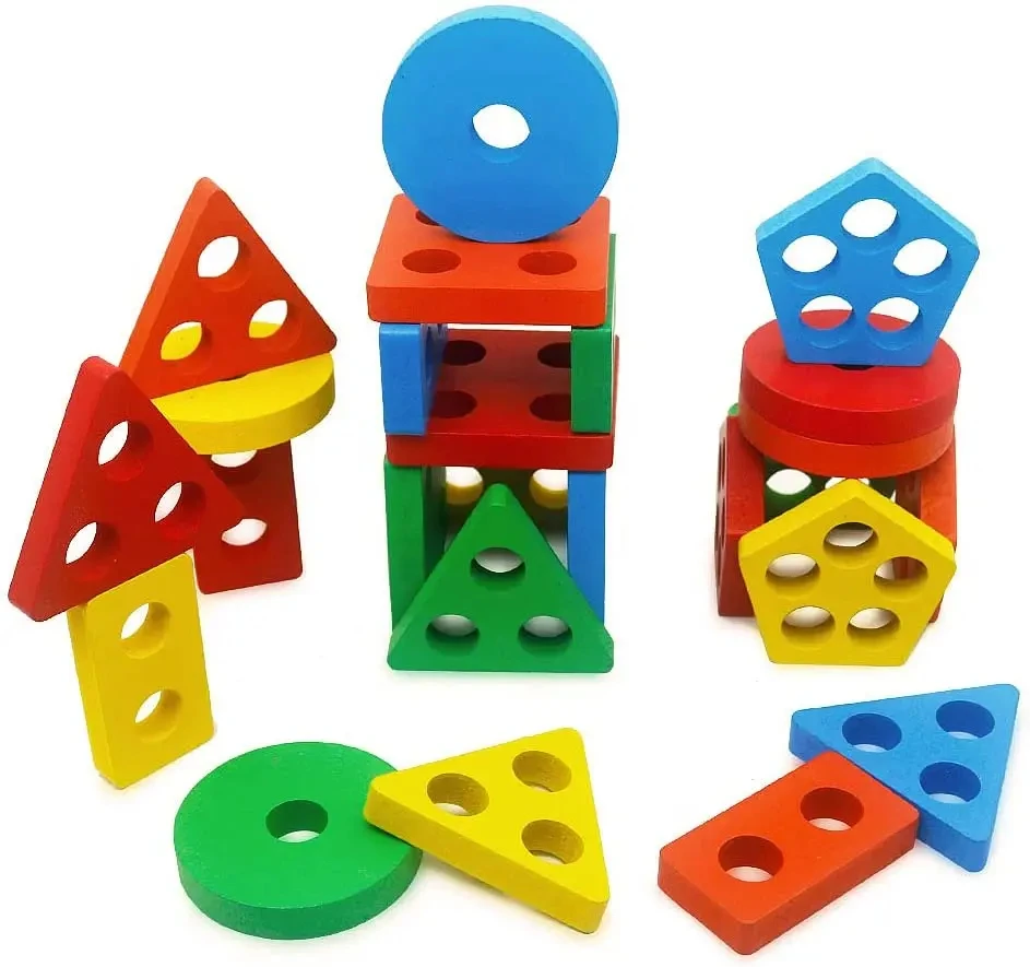 Montessori Toys Wooden Block Puzzle Children Toys Geometric Shape Color Sorter Block Toddler Sorting Math Bricks Stacking Toys