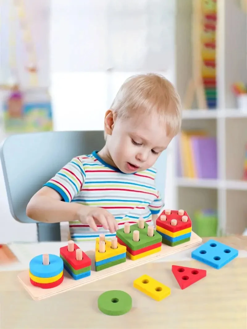 Montessori Toys Wooden Block Puzzle Children Toys Geometric Shape Color Sorter Block Toddler Sorting Math Bricks Stacking Toys