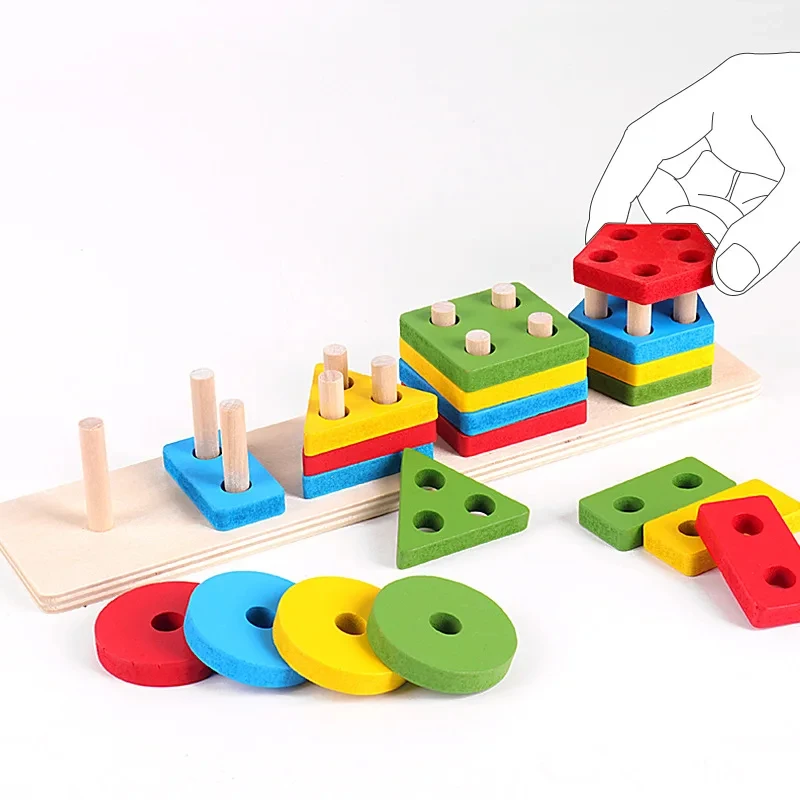 Montessori Toys Wooden Block Puzzle Children Toys Geometric Shape Color Sorter Block Toddler Sorting Math Bricks Stacking Toys
