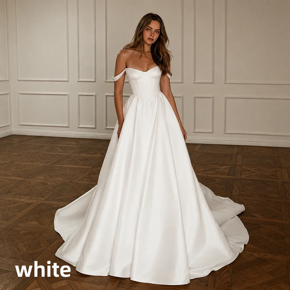Off Shoulder Sweetheart Satin A-Line Wedding Dress Corset Bodice Chapel Train Elegant Simple Bridal Gown For Women Wedding Party