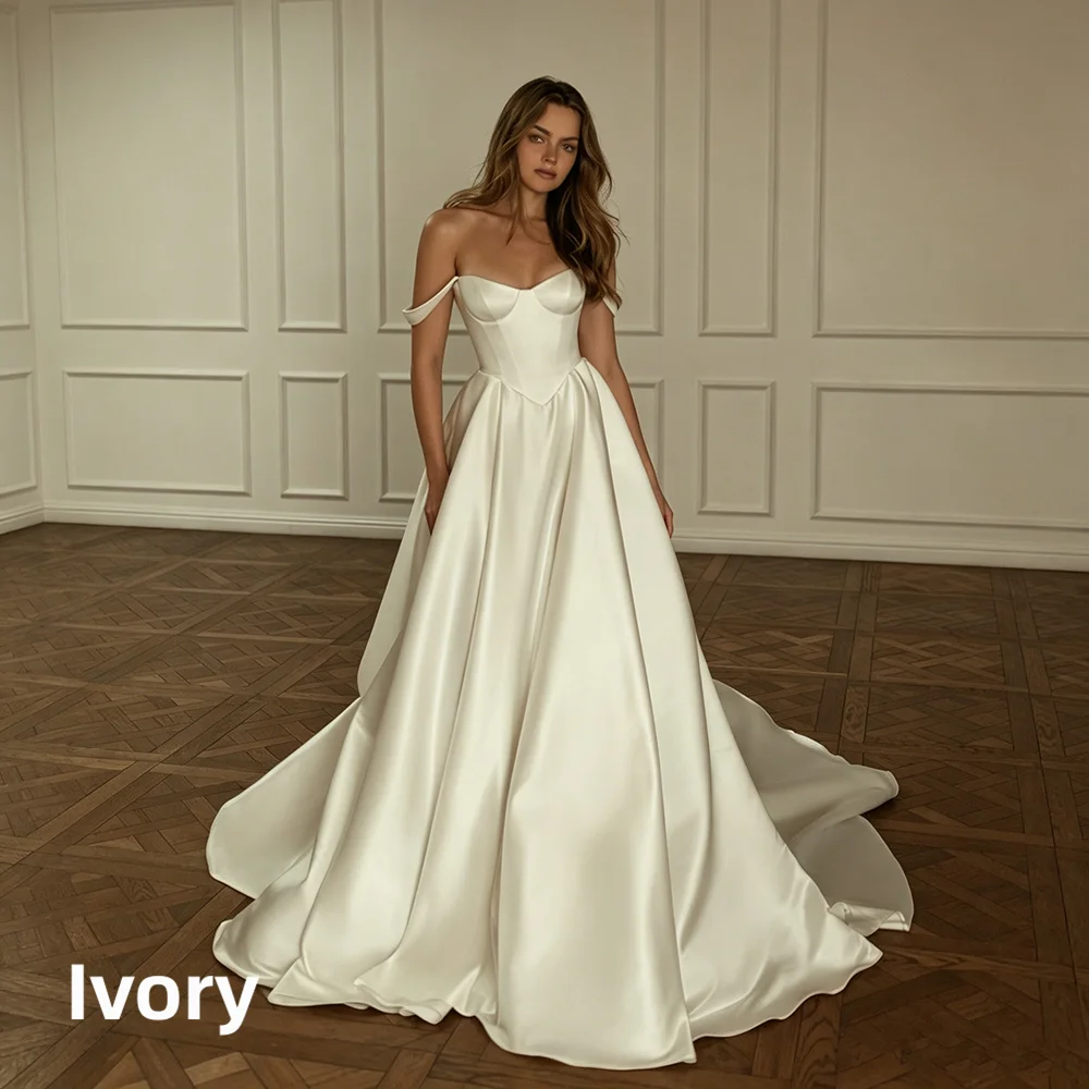 Off Shoulder Sweetheart Satin A-Line Wedding Dress Corset Bodice Chapel Train Elegant Simple Bridal Gown For Women Wedding Party