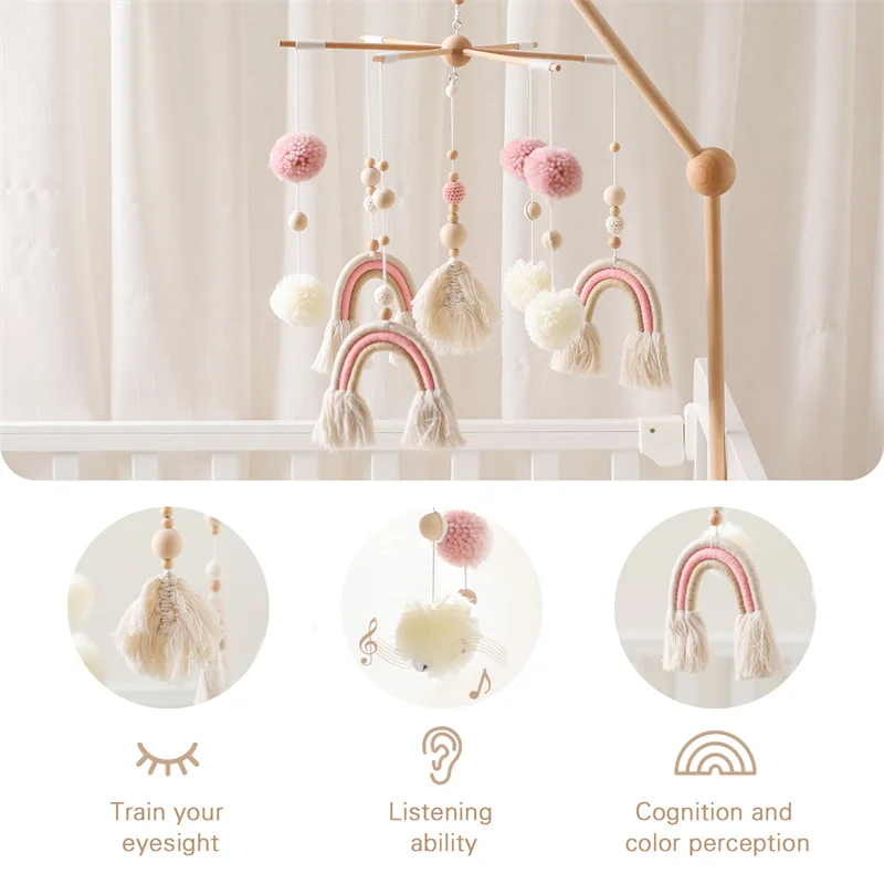 Baby Crib Mobile Wooden Wind Chime Bed Bell,Animal Crib Mobile With Music for Girls and Boys,Comfort Crib Hanging Bracket Toy