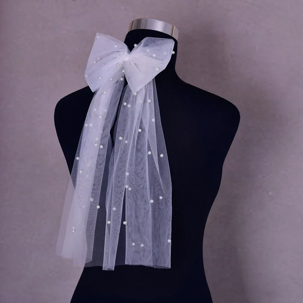 Women Long Ribbon Mesh Bow Hair Clips Elegant Pearls Hairpin White Mesh Hairpins Wedding Party Bride Hair Accessories