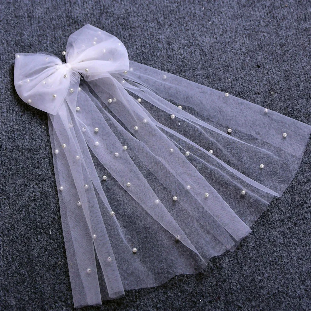 Women Long Ribbon Mesh Bow Hair Clips Elegant Pearls Hairpin White Mesh Hairpins Wedding Party Bride Hair Accessories
