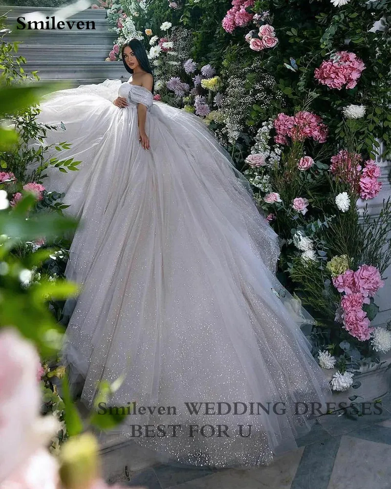 Smileven Princess Wedding Dress Ball Gowns Glitter Tulle Sweetheart Bride Dresses Robe De Mariee Off The Shoulder Wedding Gowns