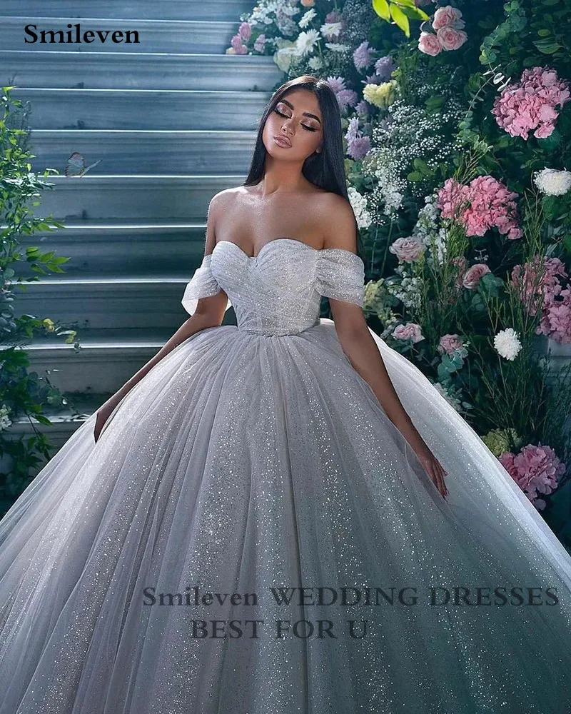 Smileven Princess Wedding Dress Ball Gowns Glitter Tulle Sweetheart Bride Dresses Robe De Mariee Off The Shoulder Wedding Gowns