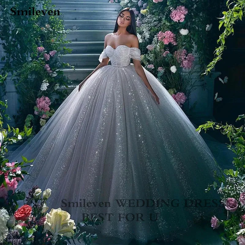 Smileven Princess Wedding Dress Ball Gowns Glitter Tulle Sweetheart Bride Dresses Robe De Mariee Off The Shoulder Wedding Gowns