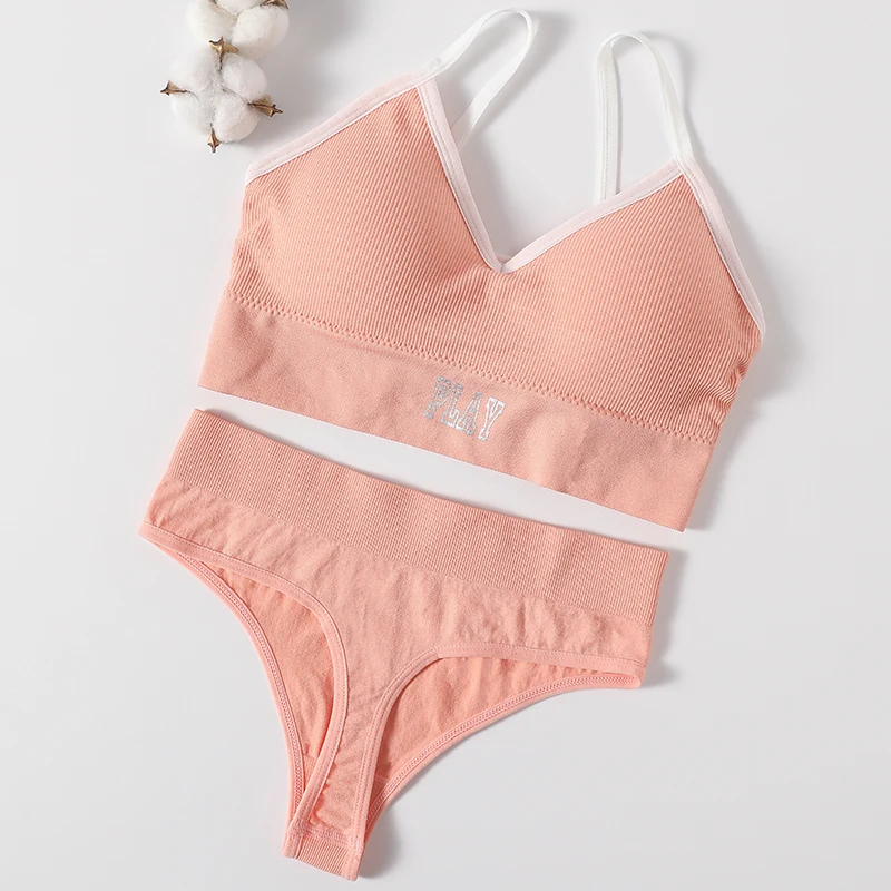 Women Seamless Bra And Panties Set High Rise Thongs Non-wire Sports Bra Comfy Brassiere Female Underwear Sexy Lingerie Set