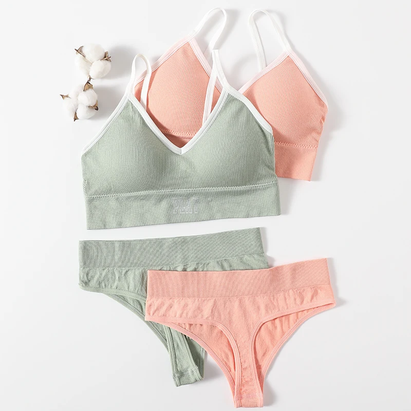 Women Seamless Bra And Panties Set High Rise Thongs Non-wire Sports Bra Comfy Brassiere Female Underwear Sexy Lingerie Set