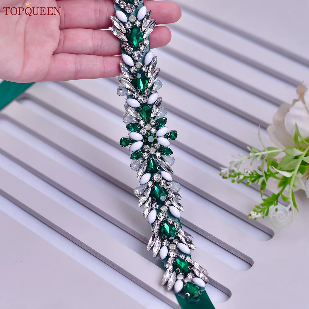 TOPQUEEN Multiple Styles Green Belt With Diamonds Bridal Wedding Accessories Rhinestone Women'S Dresses Evening Girdles S30