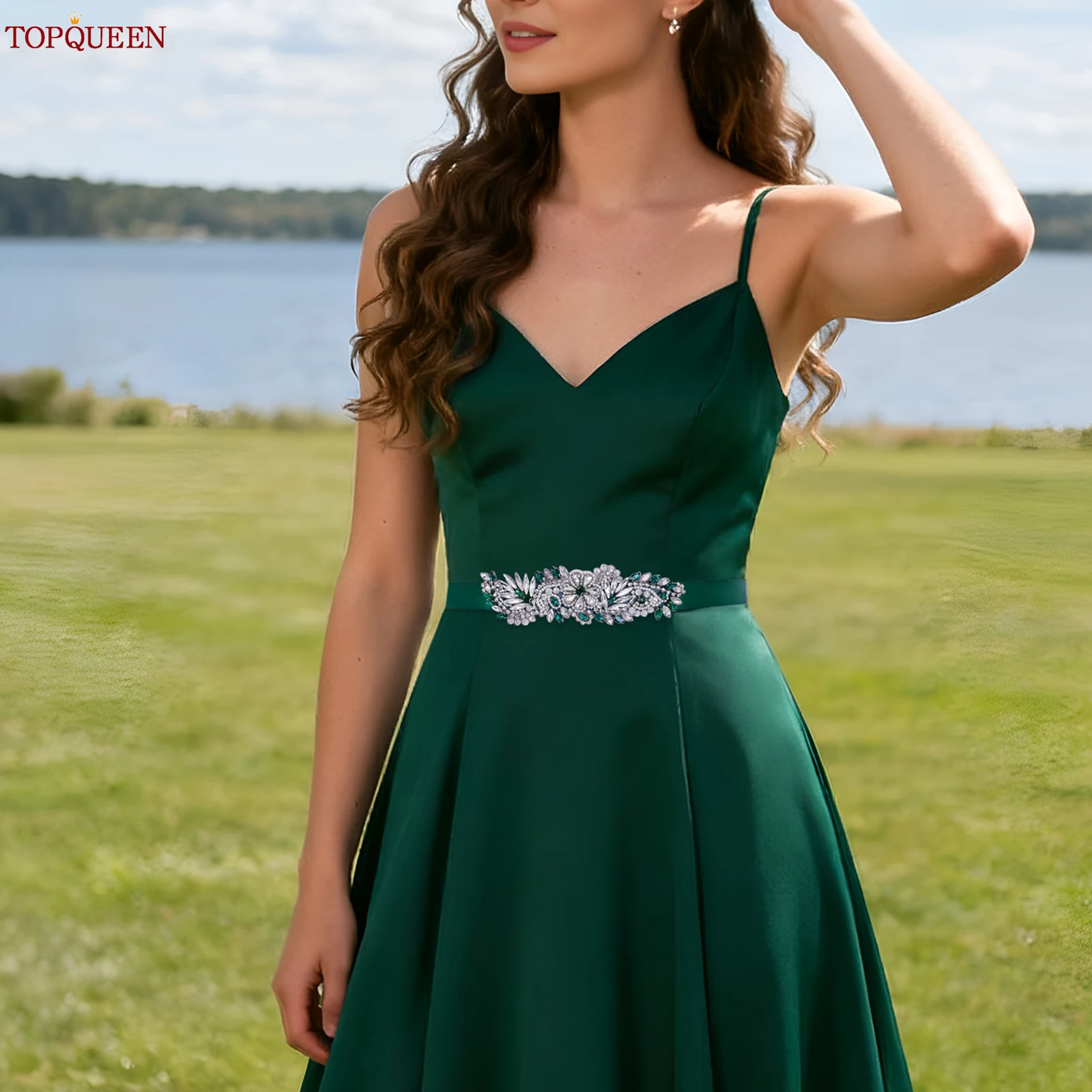 TOPQUEEN Multiple Styles Green Belt With Diamonds Bridal Wedding Accessories Rhinestone Women'S Dresses Evening Girdles S30