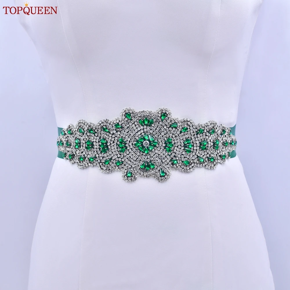 TOPQUEEN Multiple Styles Green Belt With Diamonds Bridal Wedding Accessories Rhinestone Women'S Dresses Evening Girdles S30