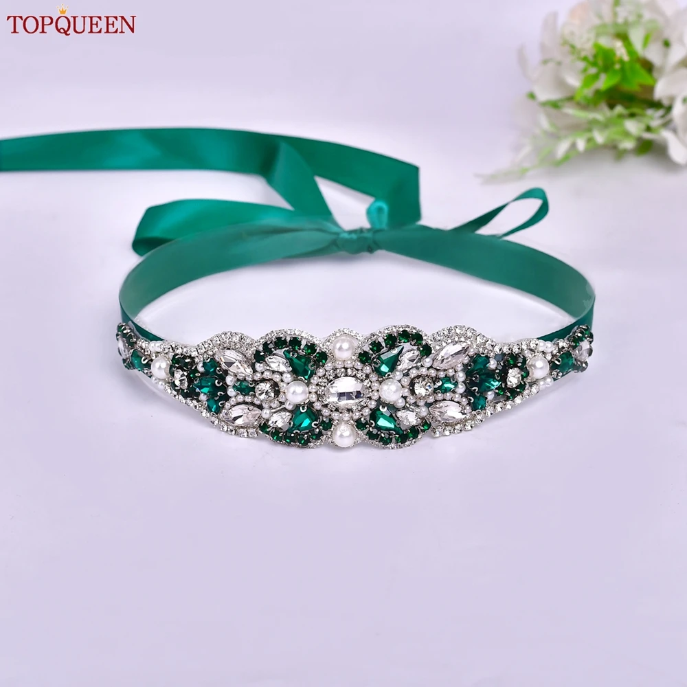 TOPQUEEN Multiple Styles Green Belt With Diamonds Bridal Wedding Accessories Rhinestone Women'S Dresses Evening Girdles S30