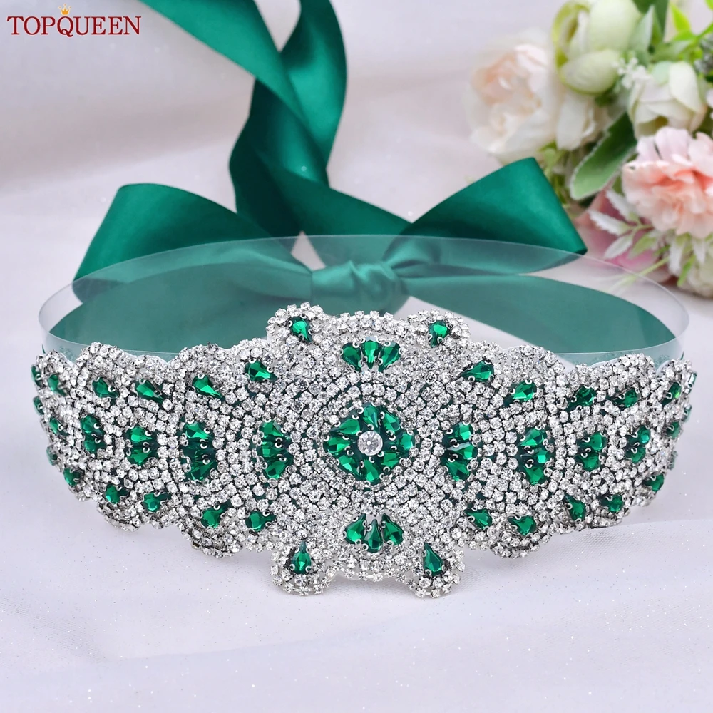 TOPQUEEN Multiple Styles Green Belt With Diamonds Bridal Wedding Accessories Rhinestone Women'S Dresses Evening Girdles S30
