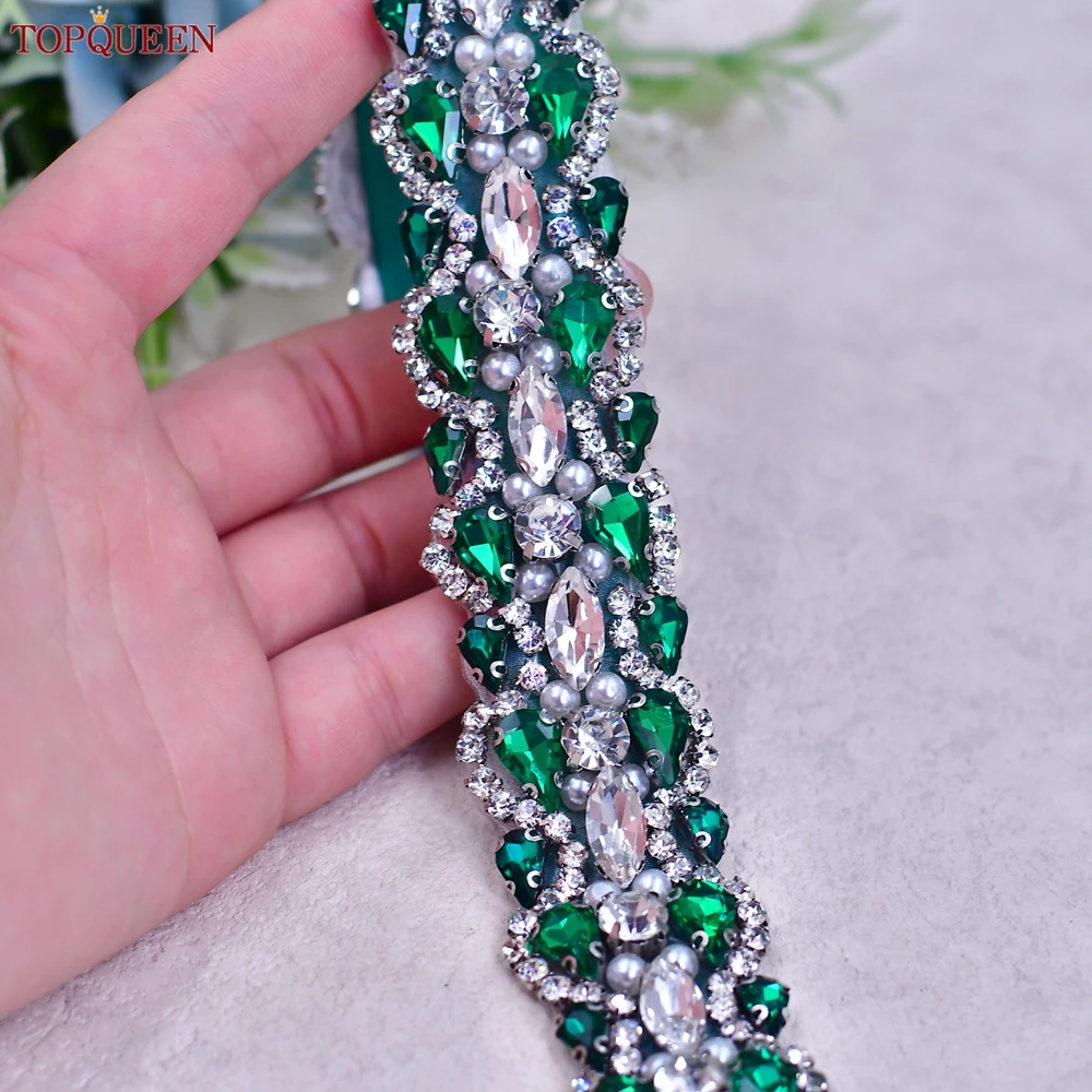 TOPQUEEN Multiple Styles Green Belt With Diamonds Bridal Wedding Accessories Rhinestone Women'S Dresses Evening Girdles S30
