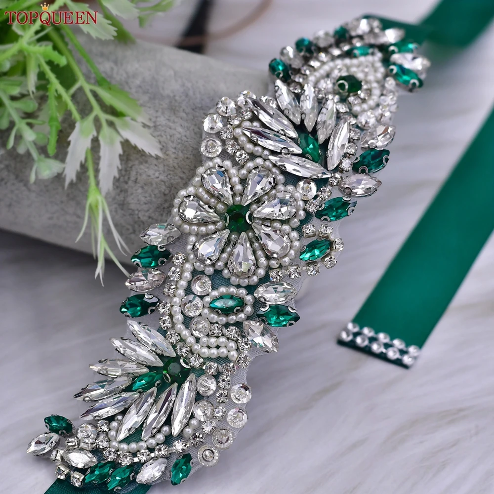 TOPQUEEN Multiple Styles Green Belt With Diamonds Bridal Wedding Accessories Rhinestone Women'S Dresses Evening Girdles S30