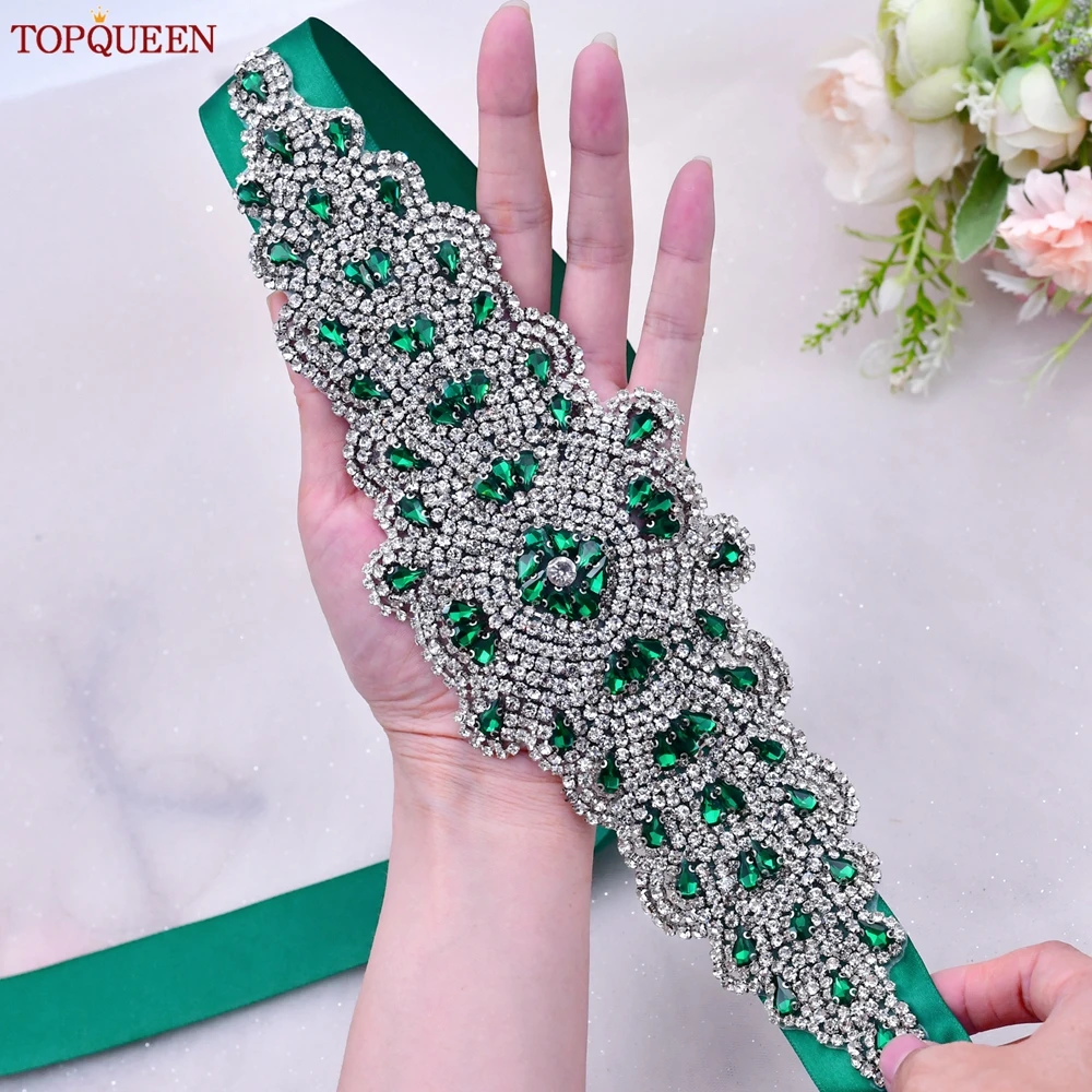 TOPQUEEN Multiple Styles Green Belt With Diamonds Bridal Wedding Accessories Rhinestone Women'S Dresses Evening Girdles S30