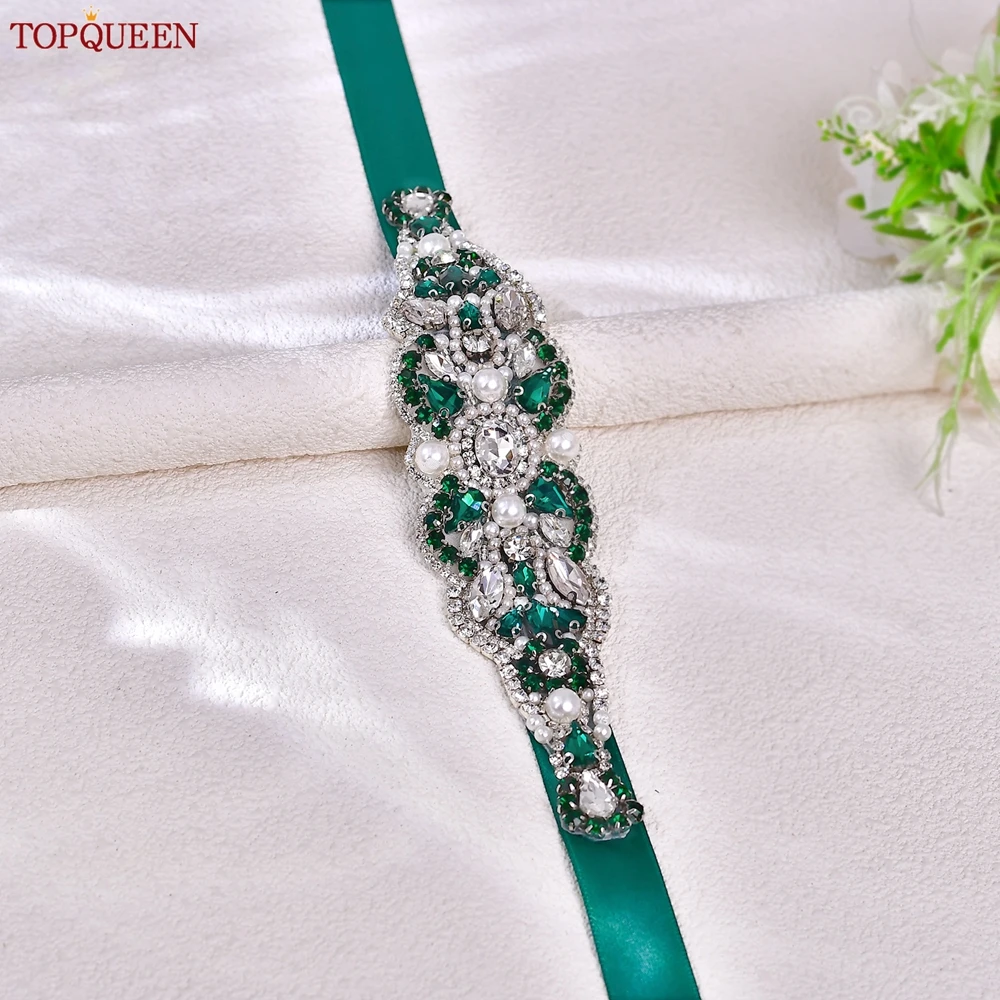 TOPQUEEN Multiple Styles Green Belt With Diamonds Bridal Wedding Accessories Rhinestone Women'S Dresses Evening Girdles S30