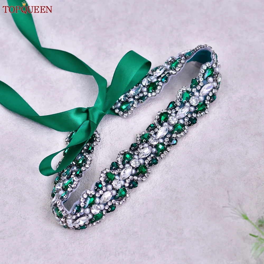 TOPQUEEN Multiple Styles Green Belt With Diamonds Bridal Wedding Accessories Rhinestone Women'S Dresses Evening Girdles S30