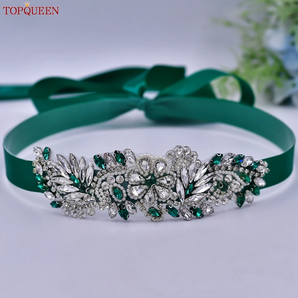 TOPQUEEN Multiple Styles Green Belt With Diamonds Bridal Wedding Accessories Rhinestone Women'S Dresses Evening Girdles S30