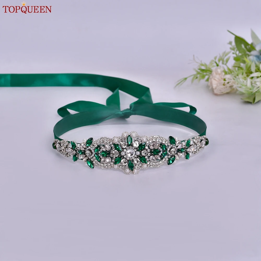 TOPQUEEN Multiple Styles Green Belt With Diamonds Bridal Wedding Accessories Rhinestone Women'S Dresses Evening Girdles S30