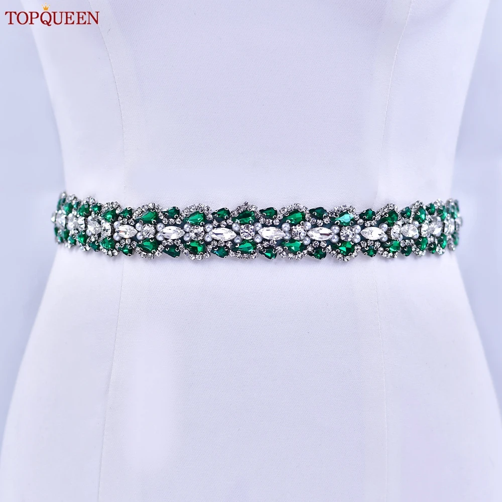 TOPQUEEN Multiple Styles Green Belt With Diamonds Bridal Wedding Accessories Rhinestone Women'S Dresses Evening Girdles S30