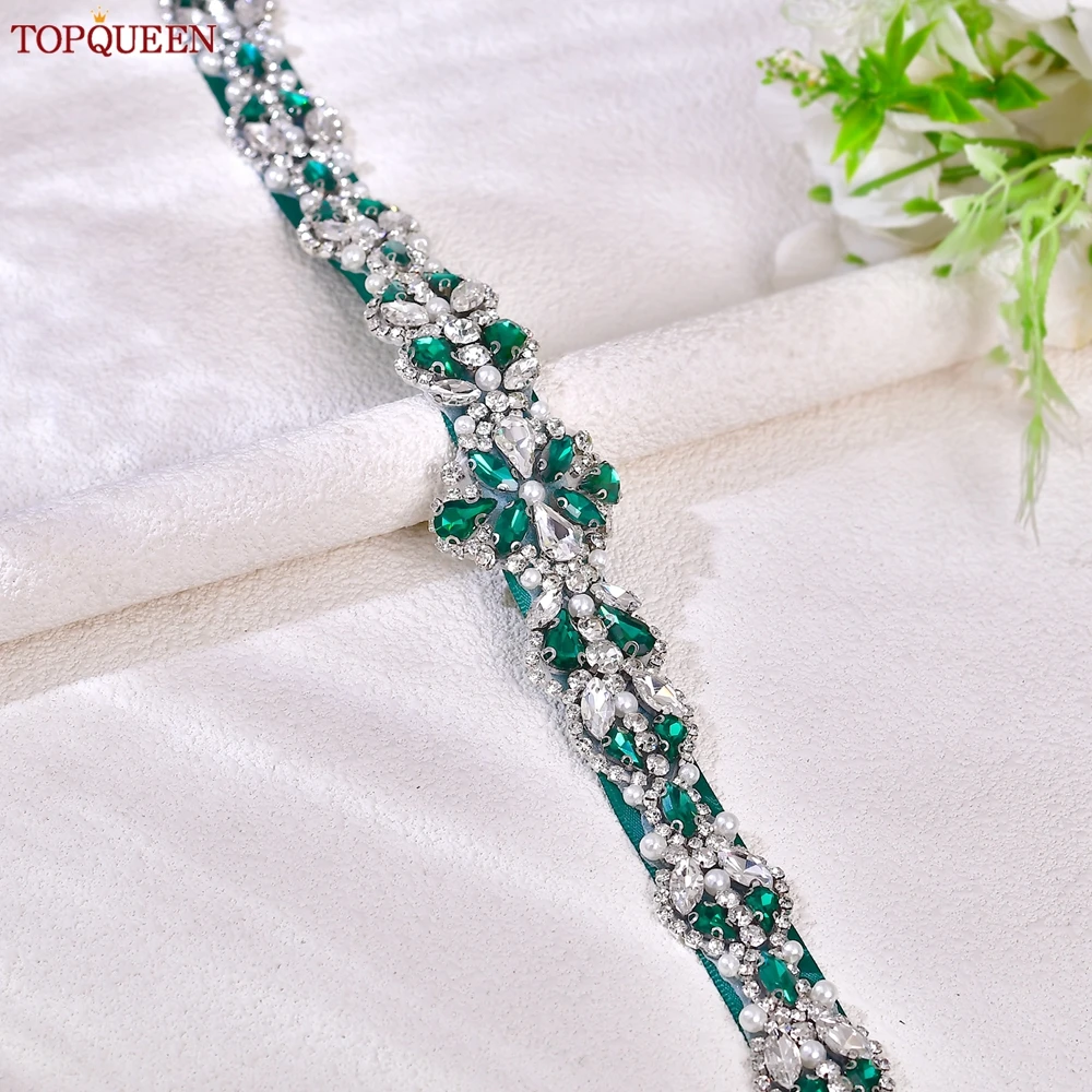 TOPQUEEN Multiple Styles Green Belt With Diamonds Bridal Wedding Accessories Rhinestone Women'S Dresses Evening Girdles S30