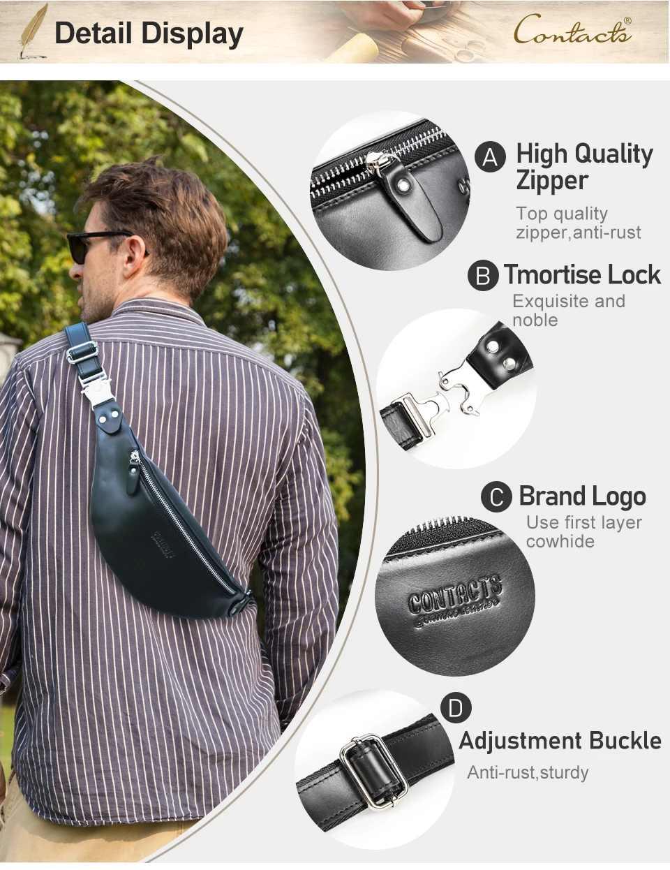 CONTACT'S Men Waist Packs Genuine Leather Travel Fanny Pack For Male Multifunctional Waist Bag 6.7" phone Belt Bag Chest Bag