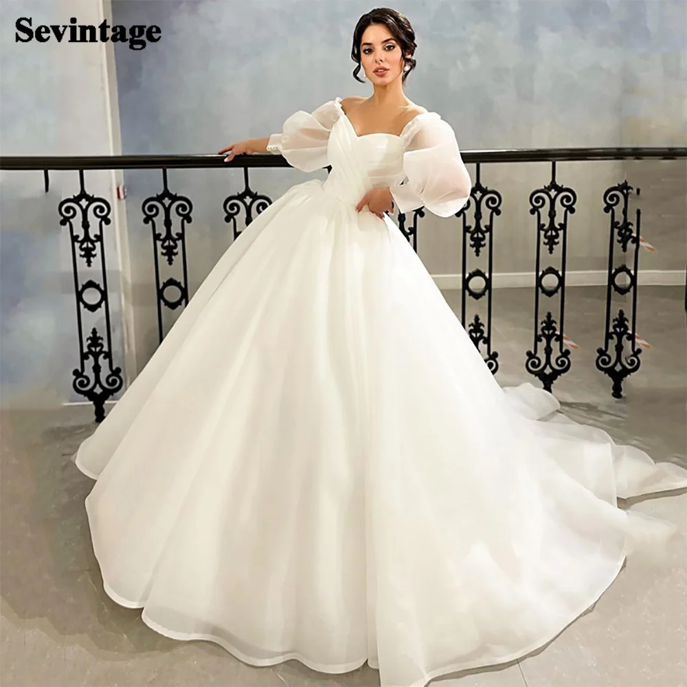 Sevintage White Wedding Dresses Simple Puff Sleeves A-Line Sweetheart Wedding Gowns Boho Bridal Dress