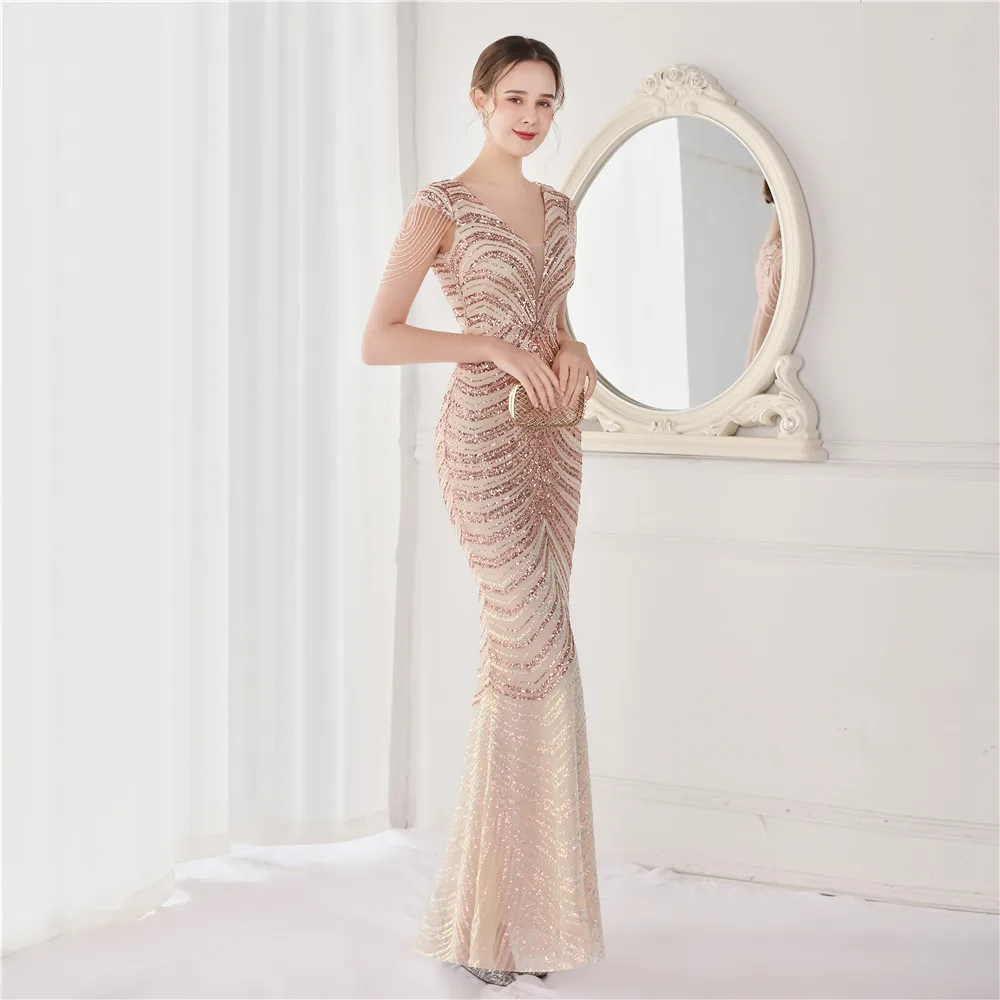 DEERVEADO Elegant V Neck Mermaid Evening Dress Long Luxury Beads Women Prom Party Dresses Formal Occasion Dress 19085