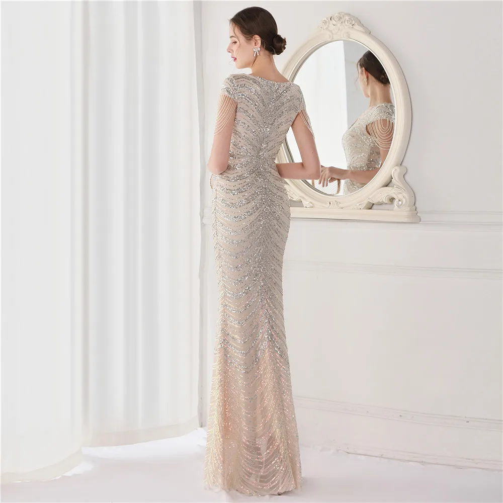 DEERVEADO Elegant V Neck Mermaid Evening Dress Long Luxury Beads Women Prom Party Dresses Formal Occasion Dress 19085
