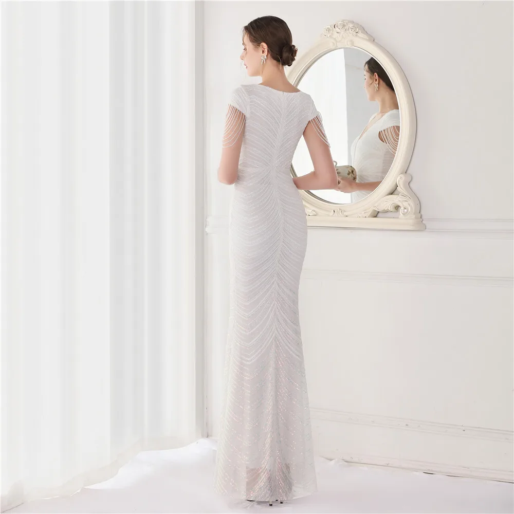 DEERVEADO Elegant V Neck Mermaid Evening Dress Long Luxury Beads Women Prom Party Dresses Formal Occasion Dress 19085
