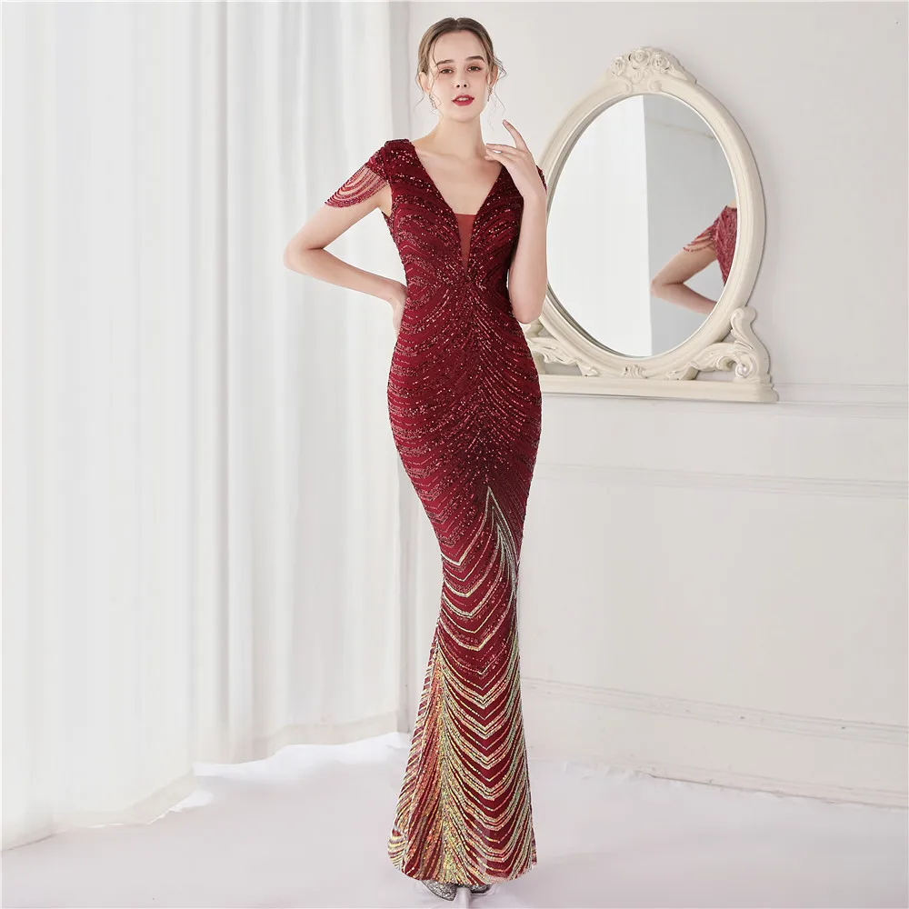 DEERVEADO Elegant V Neck Mermaid Evening Dress Long Luxury Beads Women Prom Party Dresses Formal Occasion Dress 19085