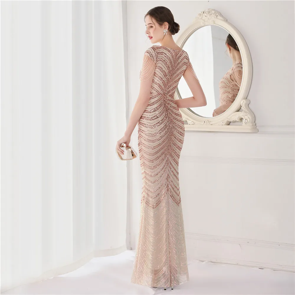DEERVEADO Elegant V Neck Mermaid Evening Dress Long Luxury Beads Women Prom Party Dresses Formal Occasion Dress 19085