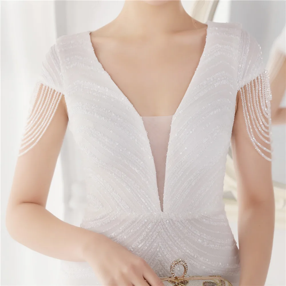 DEERVEADO Elegant V Neck Mermaid Evening Dress Long Luxury Beads Women Prom Party Dresses Formal Occasion Dress 19085