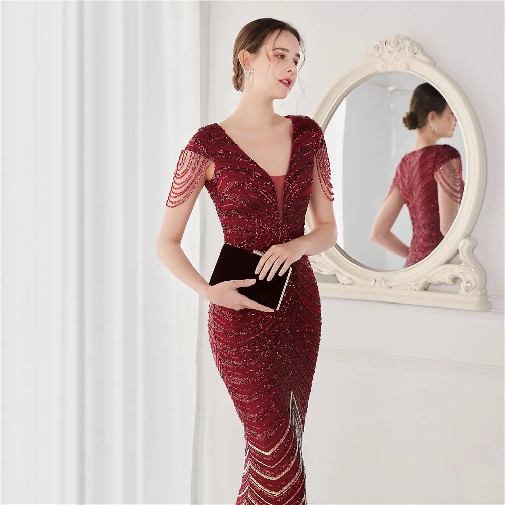 DEERVEADO Elegant V Neck Mermaid Evening Dress Long Luxury Beads Women Prom Party Dresses Formal Occasion Dress 19085
