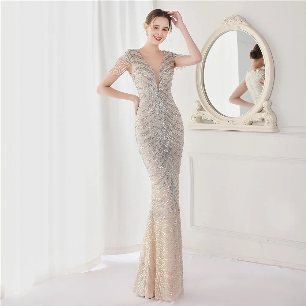 DEERVEADO Elegant V Neck Mermaid Evening Dress Long Luxury Beads Women Prom Party Dresses Formal Occasion Dress 19085
