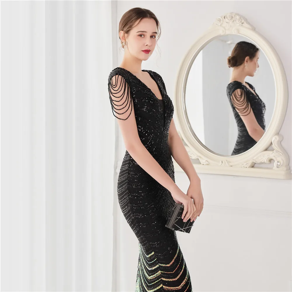 DEERVEADO Elegant V Neck Mermaid Evening Dress Long Luxury Beads Women Prom Party Dresses Formal Occasion Dress 19085