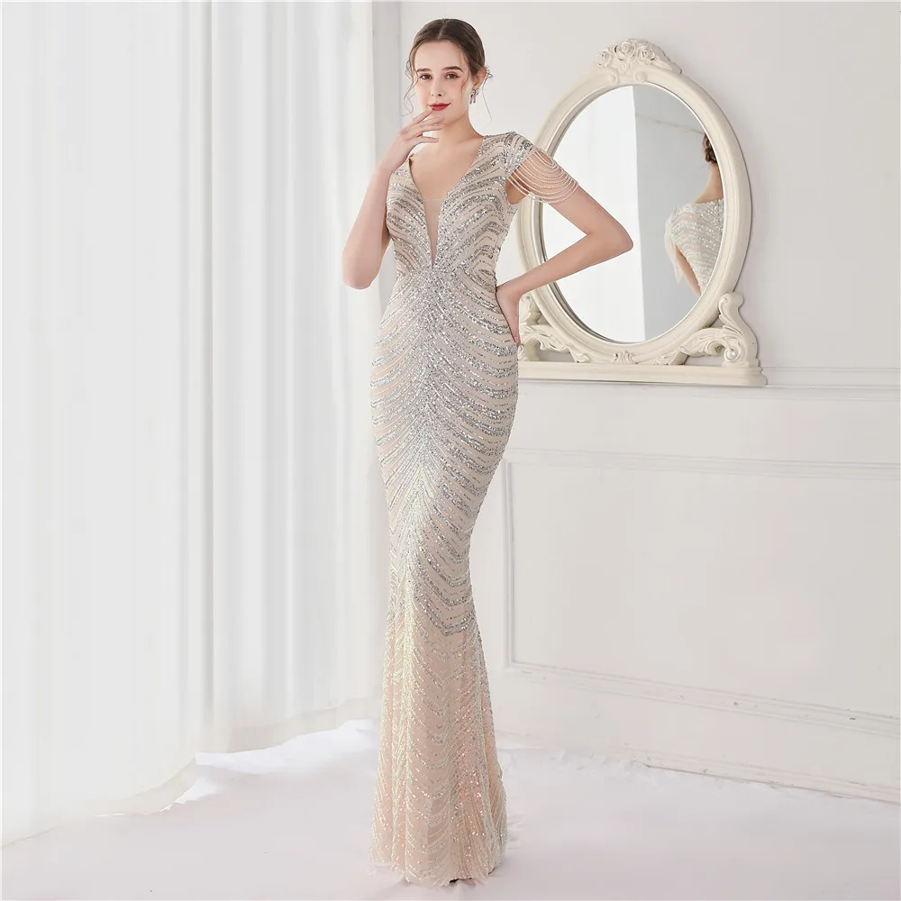 DEERVEADO Elegant V Neck Mermaid Evening Dress Long Luxury Beads Women Prom Party Dresses Formal Occasion Dress 19085